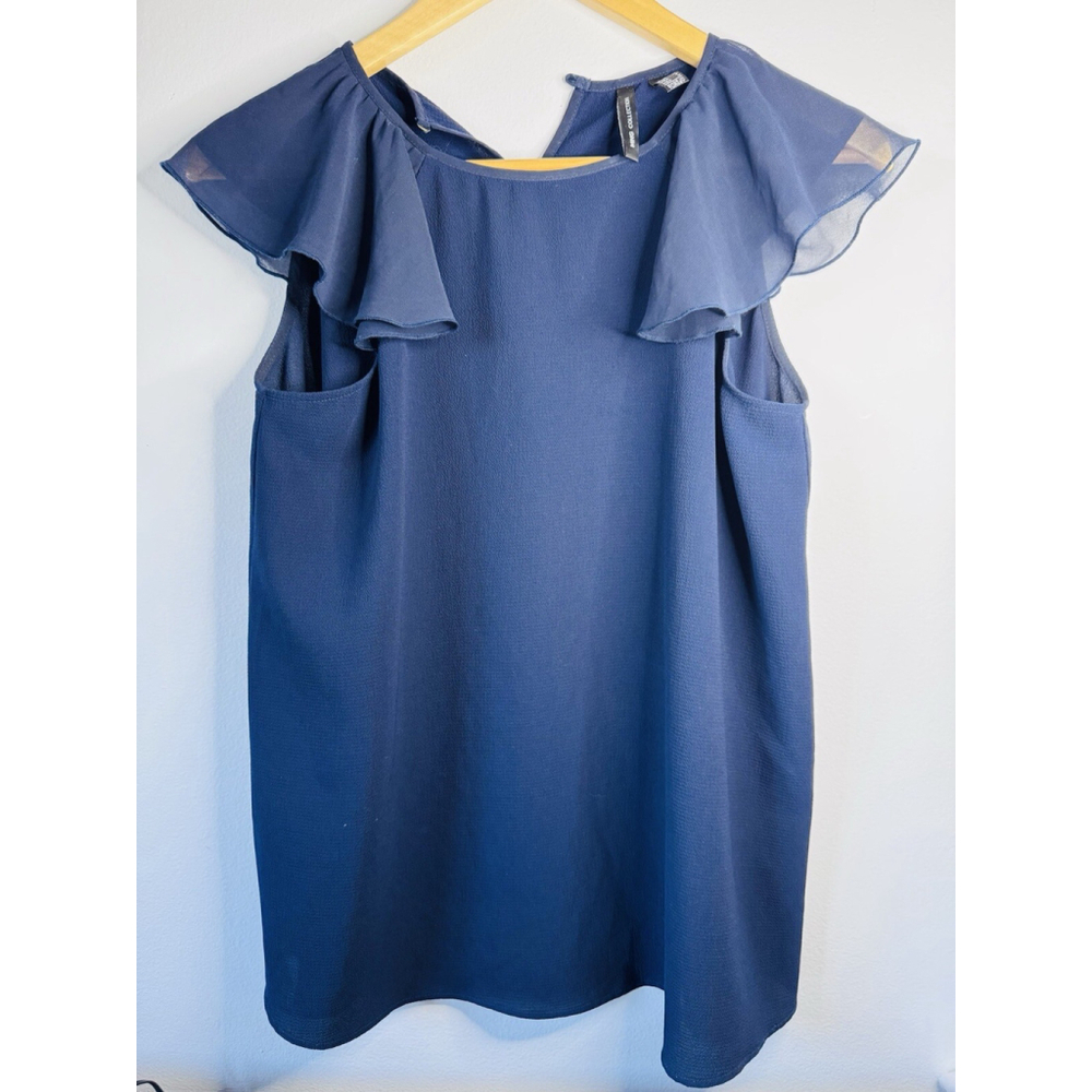 MNG by Mango Collection Women’s Blouse Medium Sheer Navy Blue Flutter Sleeve